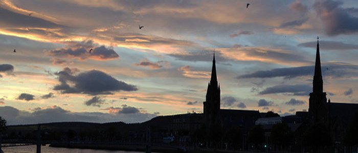 The River Ness in Inverness at dusk with birds